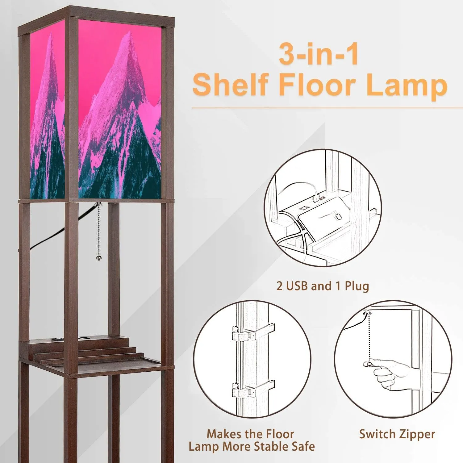Floor Lamp with Shelves Beautiful mystic Himalayan mountains sunset landscape alpine morning Standing Tall Lamp USB Ports & Power Outlet Modern Corner Lamp Nightstand Light for Living Room Bedroom