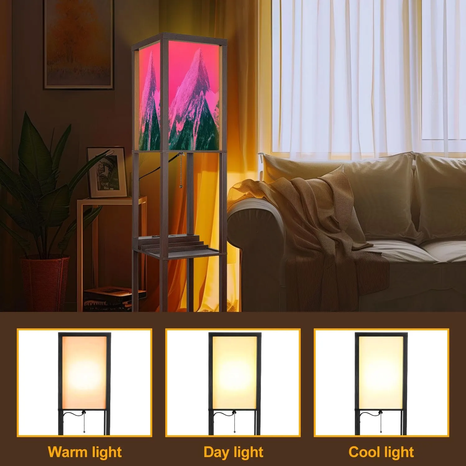 Floor Lamp with Shelves Beautiful mystic Himalayan mountains sunset landscape alpine morning Standing Tall Lamp USB Ports & Power Outlet Modern Corner Lamp Nightstand Light for Living Room Bedroom