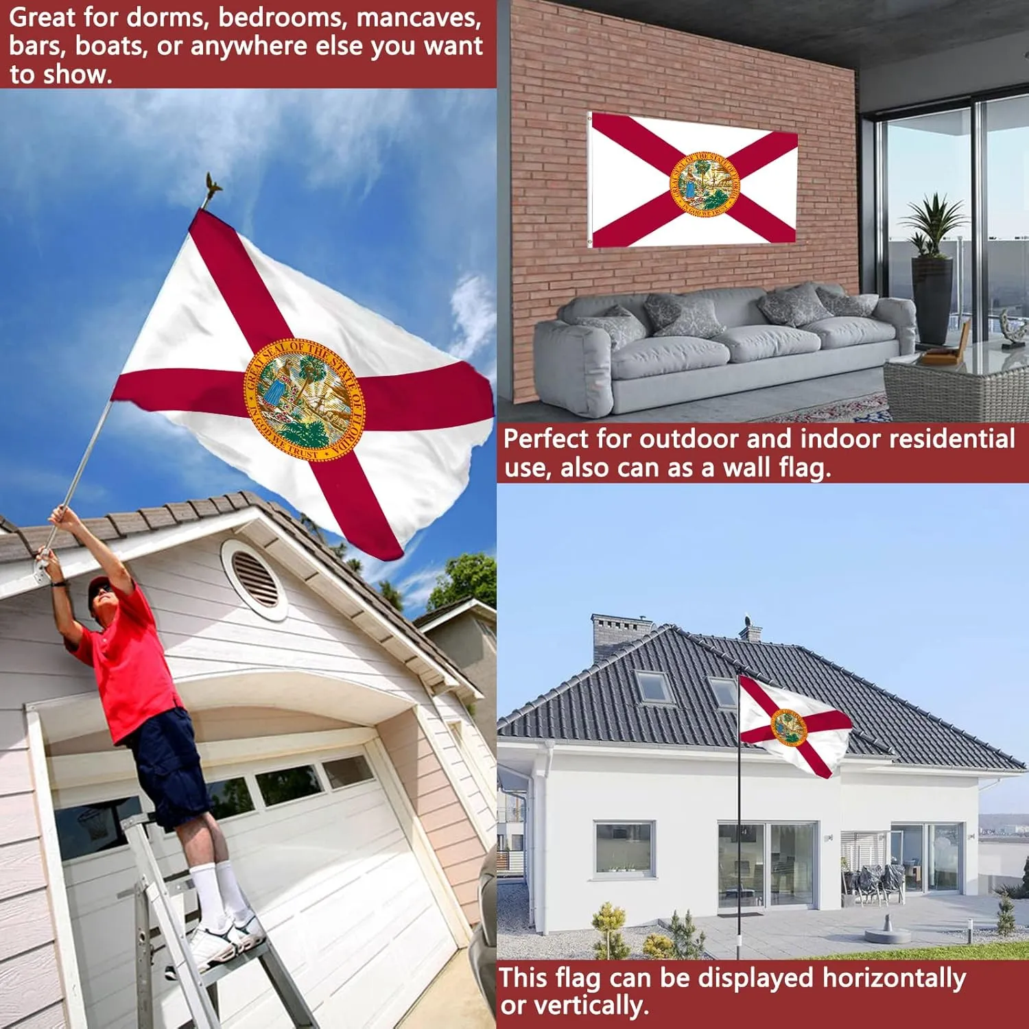 Florida State Flag 3x5 Outdoor Double Sided - Heavy Duty FL State Flag With 2 Brass Grommets, 4 Rows Stitched Decorations
