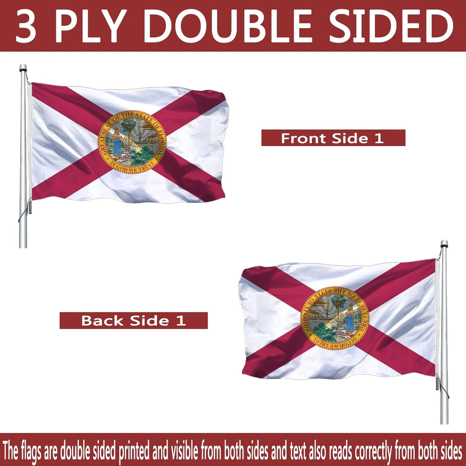 Florida State Flag 3x5 Outdoor Double Sided - Heavy Duty FL State Flag With 2 Brass Grommets, 4 Rows Stitched Decorations