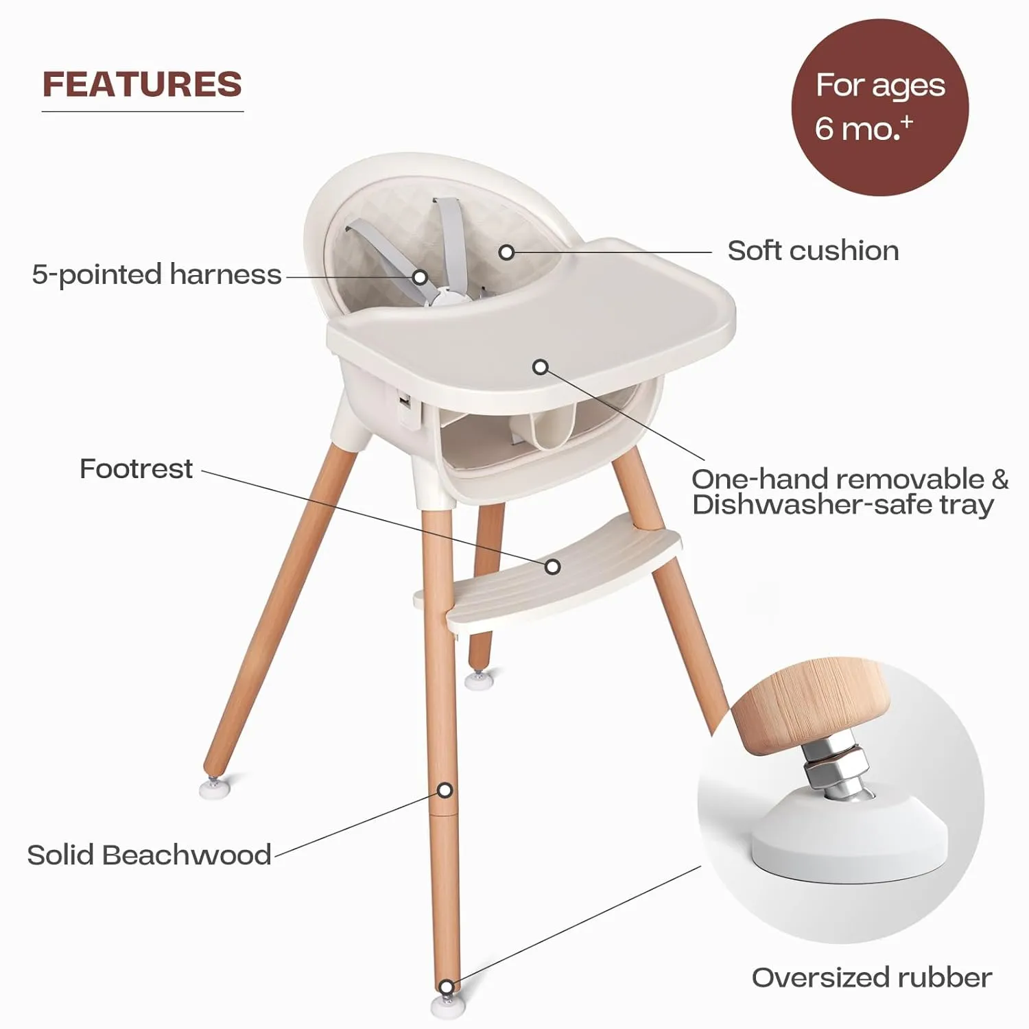 Fodoss 3-in-1 Wooden High Chair for Babies and Toddlers,Convertible Easy Clean Infant Highchair,Modern Design Silla para Comer De Bebe