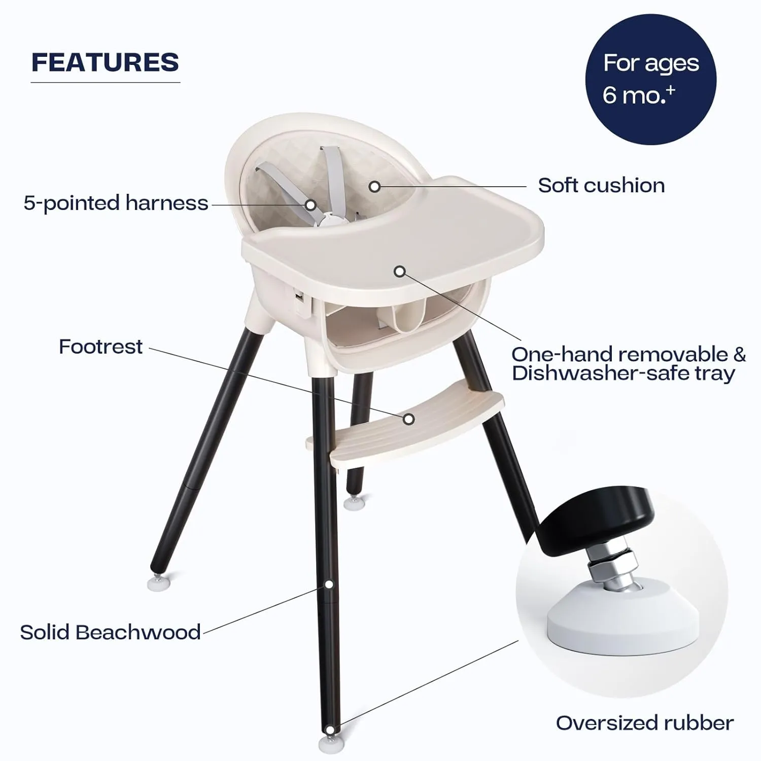 Fodoss Convertible Wooden High Charis for Babies and Toddlers, Easy Clean Baby Chair for Eating, 3 in 1 Infant Highchair with Footrest, Silla De Comer para Bebe