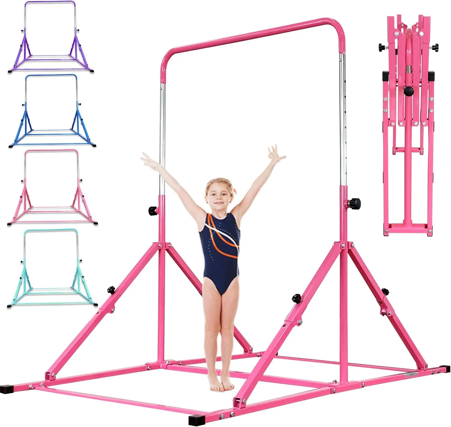 Foldable Gymnastic Bar for Kids Ages 3-12, 9 Height Levels, 200 lbs Weight Capacity, 5 Ft Length Gymnastic Kip Bar with Mat, Gymnastic Equipment for Home and Gym Center Indoor Outdoor Use
