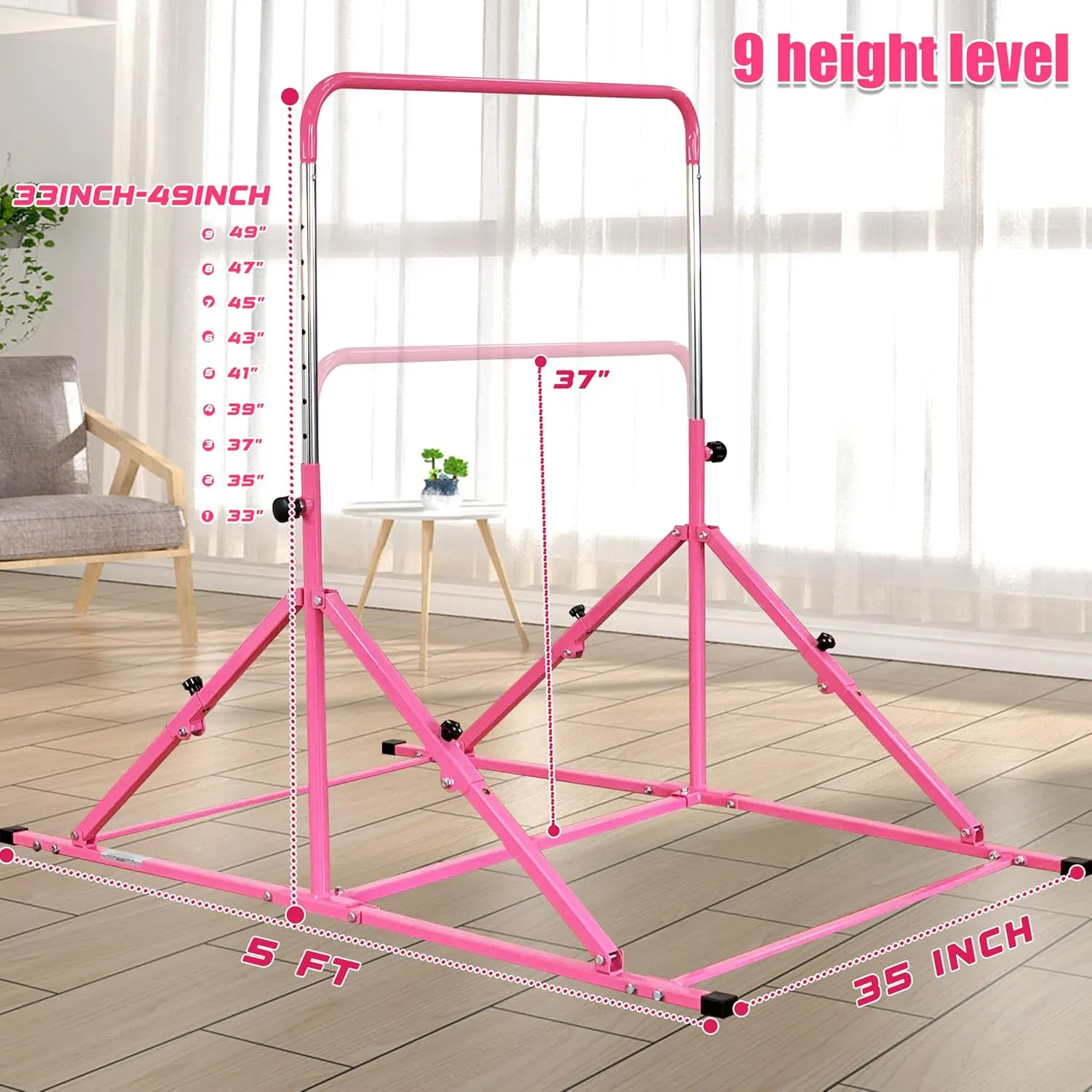 Foldable Gymnastic Bar for Kids Ages 3-12, 9 Height Levels, 200 lbs Weight Capacity, 5 Ft Length Gymnastic Kip Bar with Mat, Gymnastic Equipment for Home and Gym Center Indoor Outdoor Use