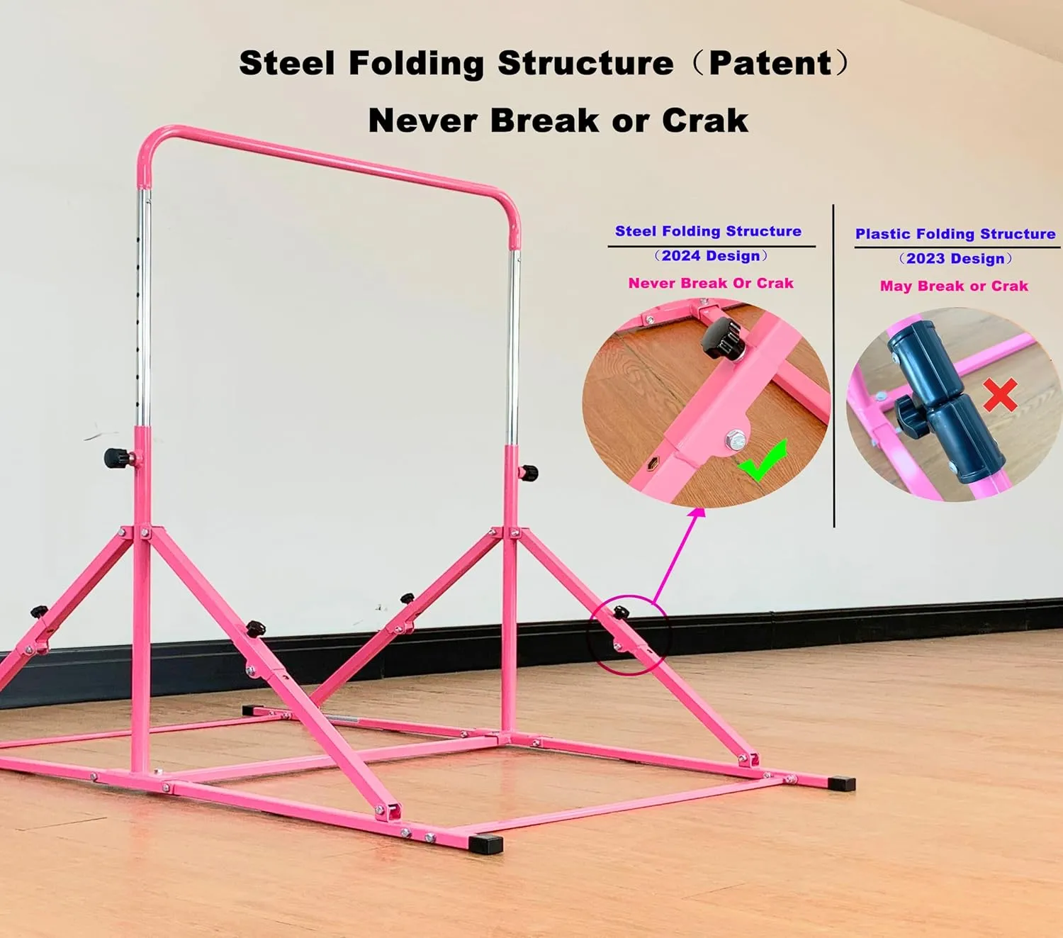 Foldable Gymnastic Bar for Kids Ages 3-12, 9 Height Levels, 200 lbs Weight Capacity, 5 Ft Length Gymnastic Kip Bar with Mat, Gymnastic Equipment for Home and Gym Center Indoor Outdoor Use