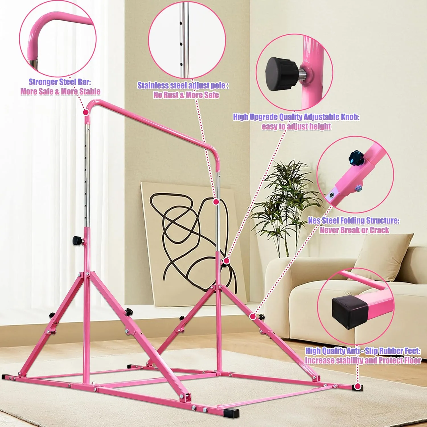 Foldable Gymnastic Bar for Kids Ages 3-12, 9 Height Levels, 200 lbs Weight Capacity, 5 Ft Length Gymnastic Kip Bar with Mat, Gymnastic Equipment for Home and Gym Center Indoor Outdoor Use