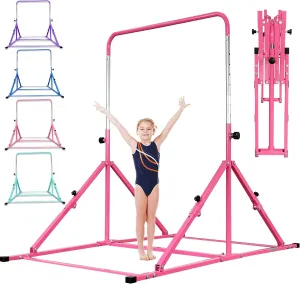 Foldable Gymnastic Bar for Kids Ages 3-12, 9 Height Levels, 200 lbs Weight Capacity, 5 Ft Length Gymnastic Kip Bar with Mat, Gymnastic Equipment for Home and Gym Center Indoor Outdoor Use