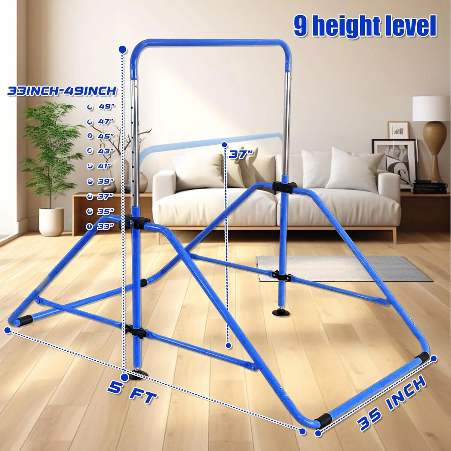 Foldable Gymnastic Bar for Kids Ages 3-9, 9 Height Levels, 200 lbs Weight Capacity, 5 Ft Length Gymnastic Kip Bar with Mat, Gymnastic Equipment for Home and Gym Center Indoor Outdoor Use