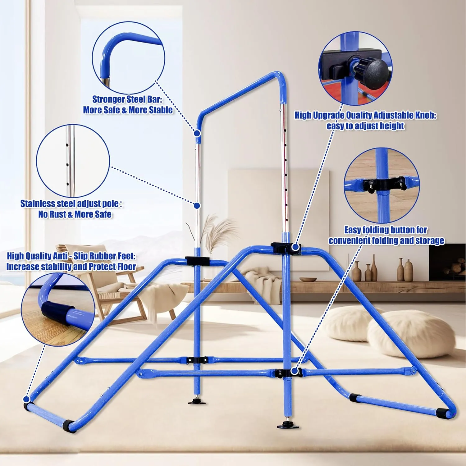 Foldable Gymnastic Bar for Kids Ages 3-9, 9 Height Levels, 200 lbs Weight Capacity, 5 Ft Length Gymnastic Kip Bar with Mat, Gymnastic Equipment for Home and Gym Center Indoor Outdoor Use
