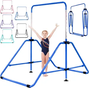 Foldable Gymnastic Bar for Kids Ages 3-9, 9 Height Levels, 200 lbs Weight Capacity, 5 Ft Length Gymnastic Kip Bar with Mat, Gymnastic Equipment for Home and Gym Center Indoor Outdoor Use