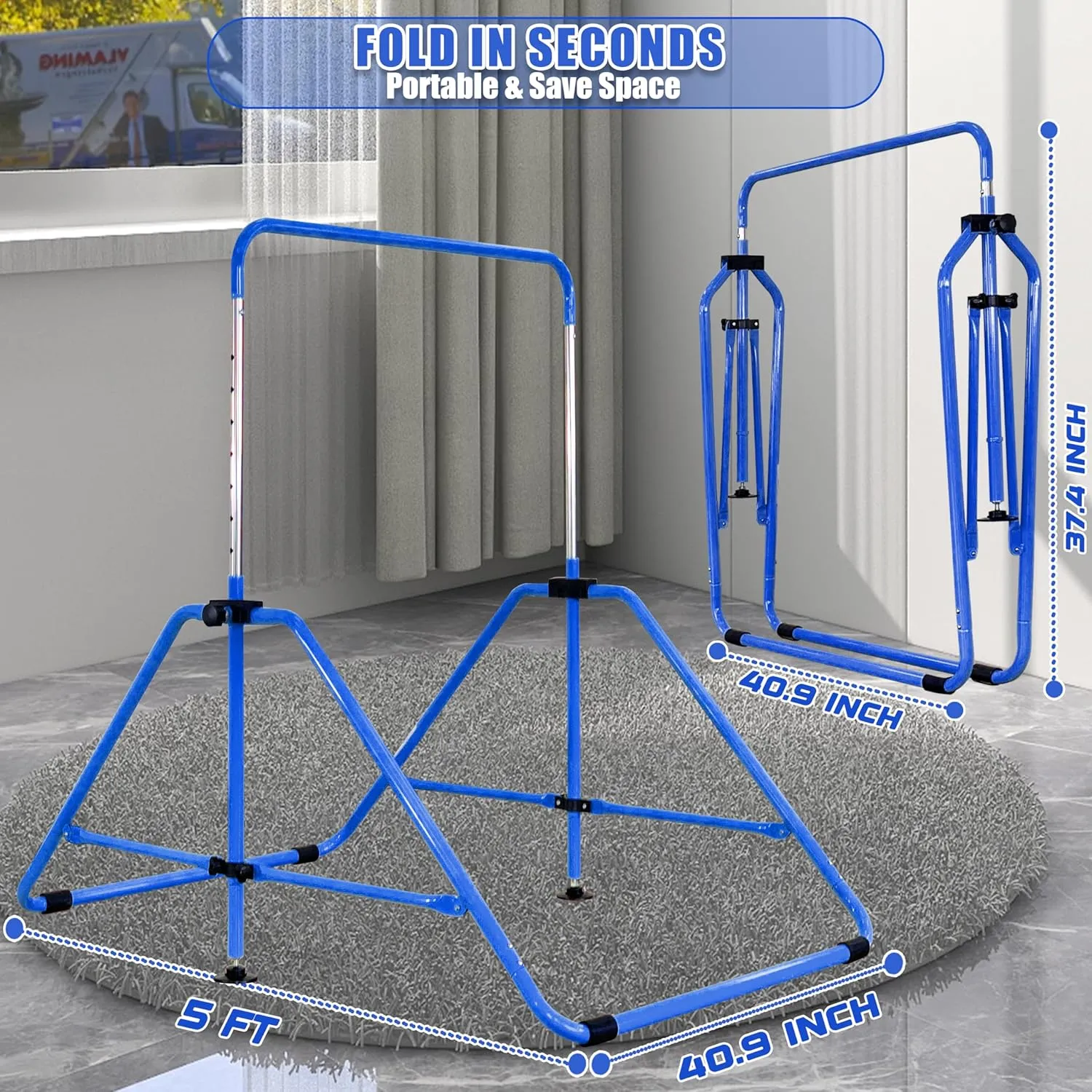 Foldable Gymnastic Bar for Kids Ages 3-9, 9 Height Levels, 200 lbs Weight Capacity, 5 Ft Length Gymnastic Kip Bar with Mat, Gymnastic Equipment for Home and Gym Center Indoor Outdoor Use