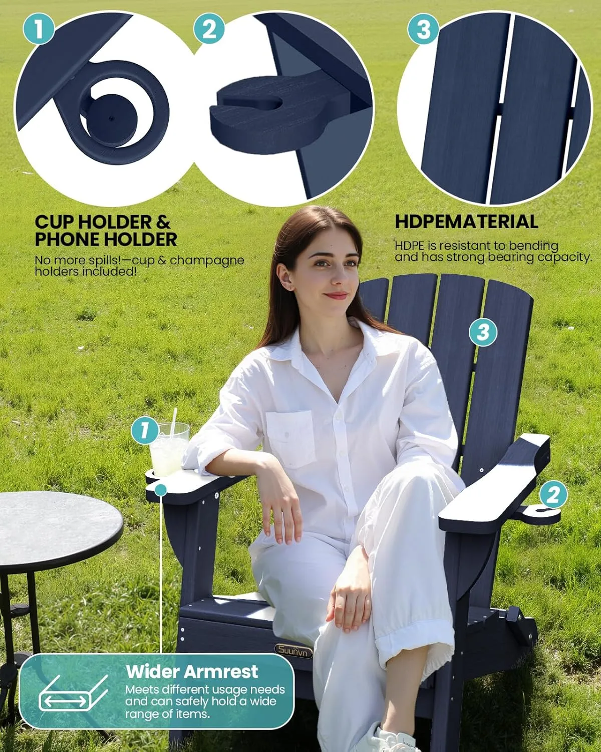 Folding Adirondack Chair 1 Pack, HDPE All-Weather Fire Pit Chairs, Plastic Adirondack Chairs with 2 Cup Holder, Outdoor Lawn Chair for Patio Garden (Navy Blue)
