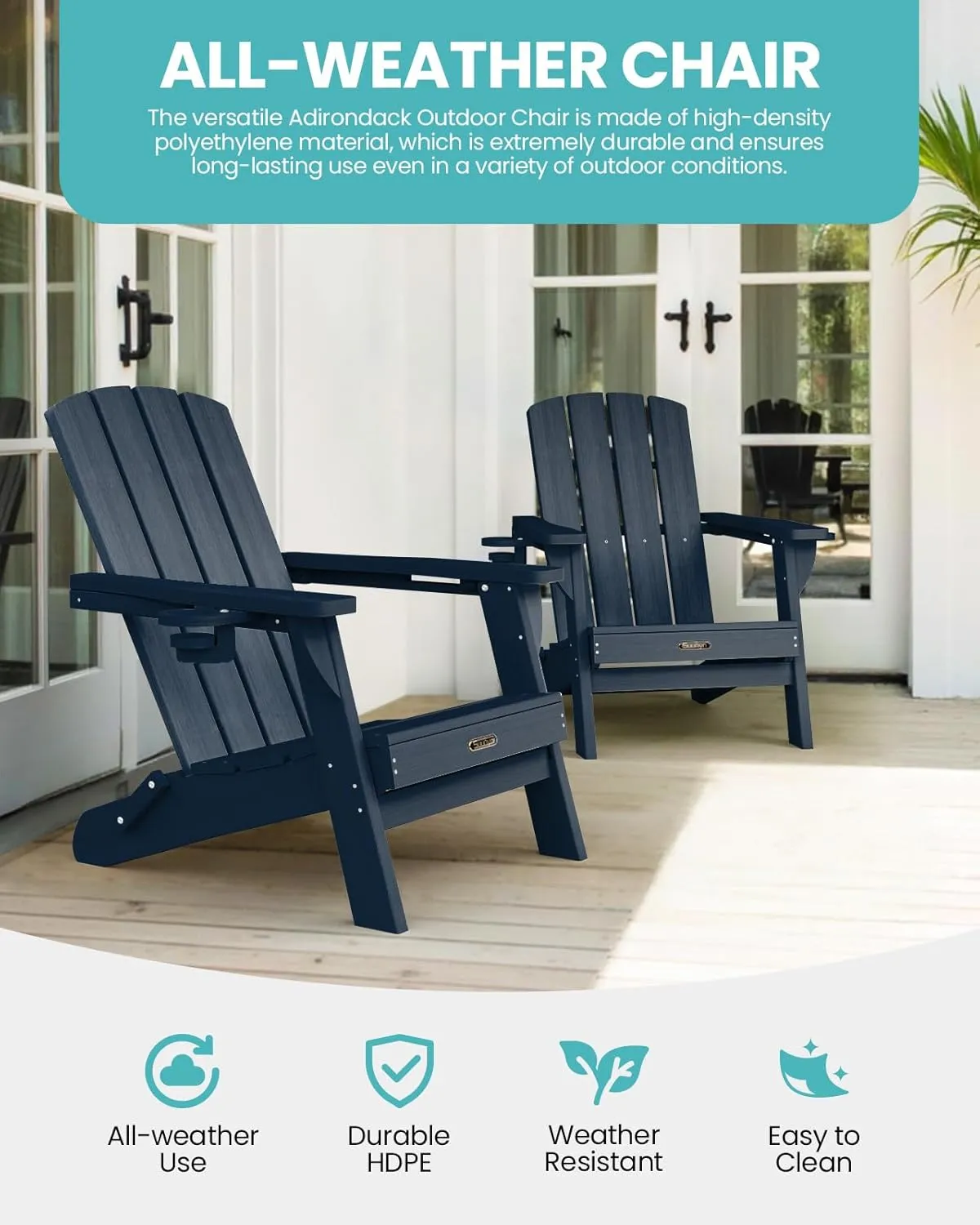 Folding Adirondack Chair 1 Pack, HDPE All-Weather Fire Pit Chairs, Plastic Adirondack Chairs with 2 Cup Holder, Outdoor Lawn Chair for Patio Garden (Navy Blue)