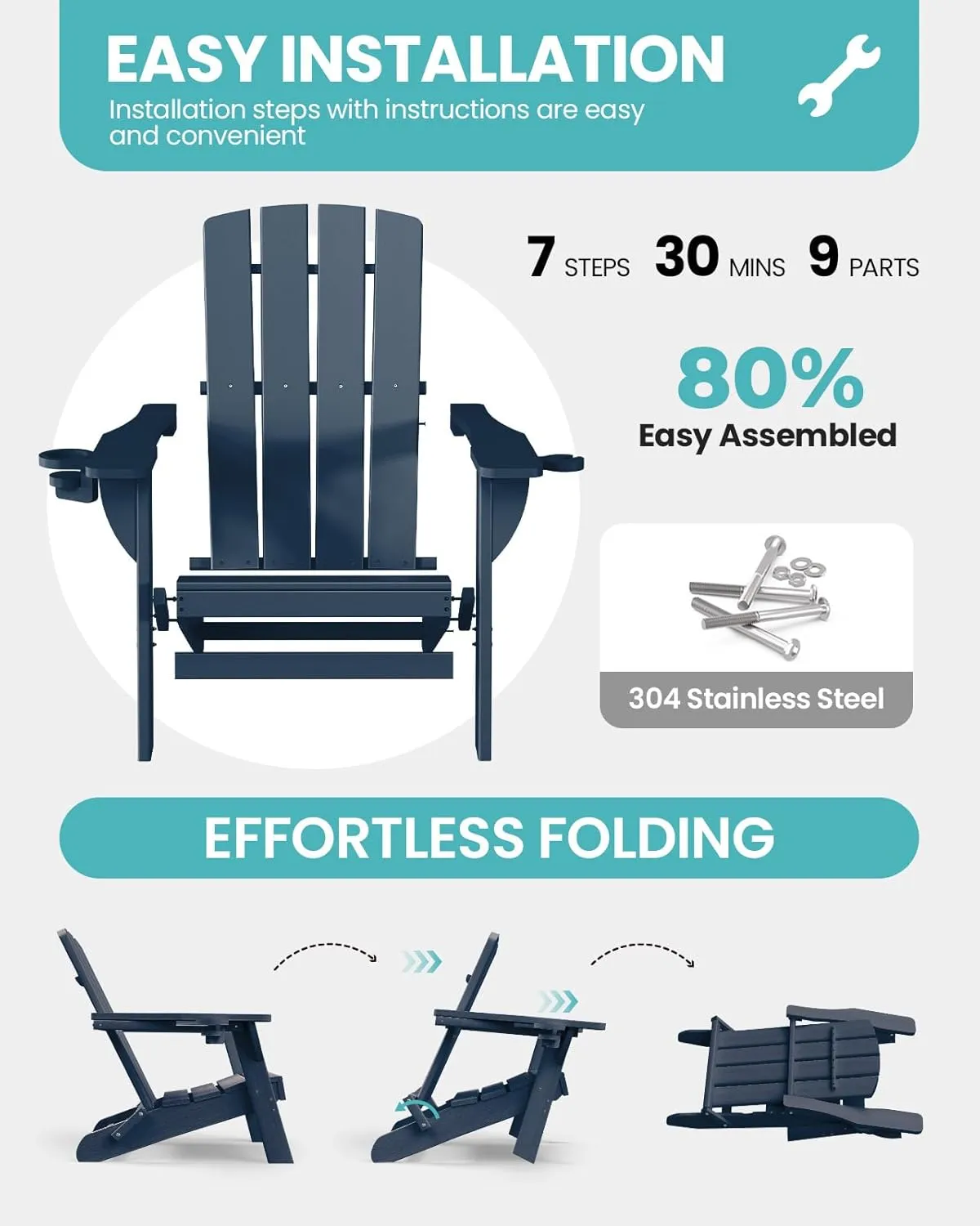 Folding Adirondack Chair 1 Pack, HDPE All-Weather Fire Pit Chairs, Plastic Adirondack Chairs with 2 Cup Holder, Outdoor Lawn Chair for Patio Garden (Navy Blue)