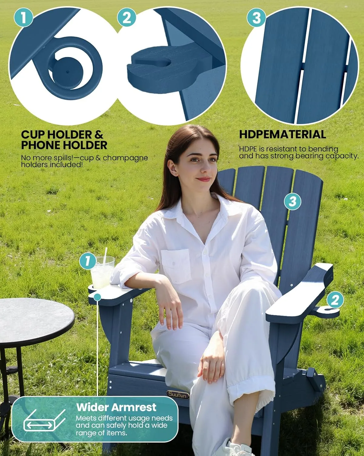 Folding Adirondack Chair 1 Pack, HDPE All-Weather Fire Pit Chairs, Plastic Adirondack Chairs with 2 Cup Holder, Outdoor Lawn Chair for Patio Garden (New Blue)