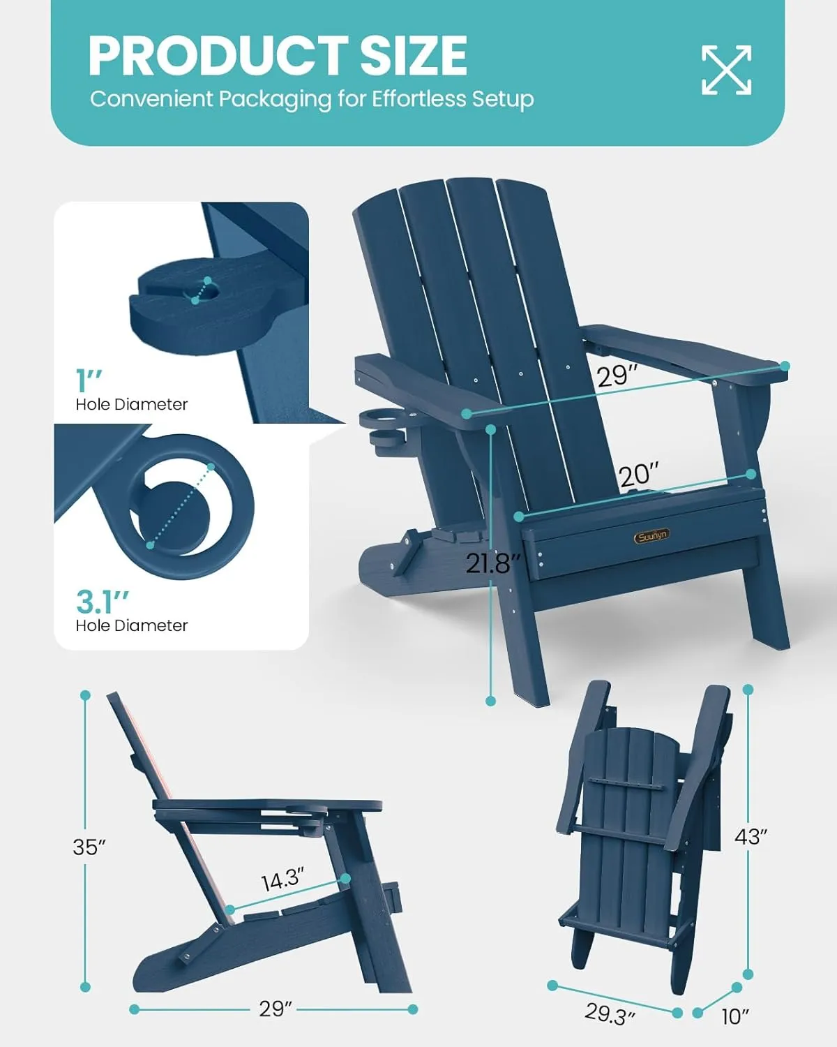 Folding Adirondack Chair 1 Pack, HDPE All-Weather Fire Pit Chairs, Plastic Adirondack Chairs with 2 Cup Holder, Outdoor Lawn Chair for Patio Garden (New Blue)
