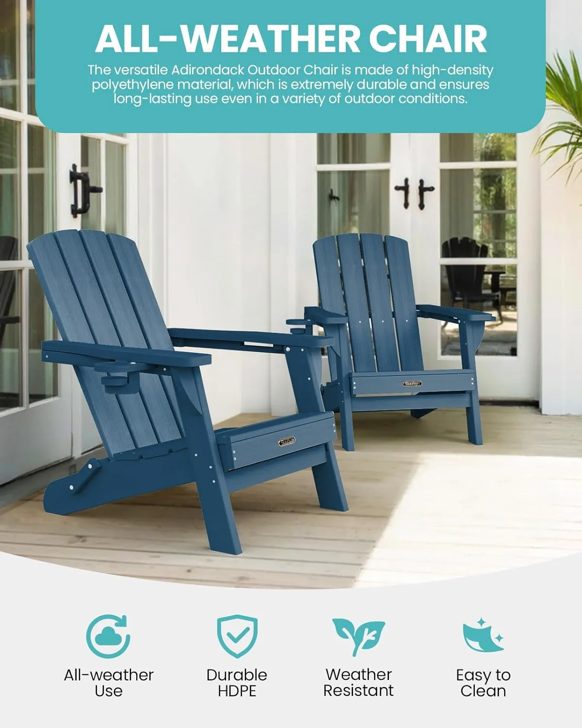 Folding Adirondack Chair 1 Pack, HDPE All-Weather Fire Pit Chairs, Plastic Adirondack Chairs with 2 Cup Holder, Outdoor Lawn Chair for Patio Garden (New Blue)