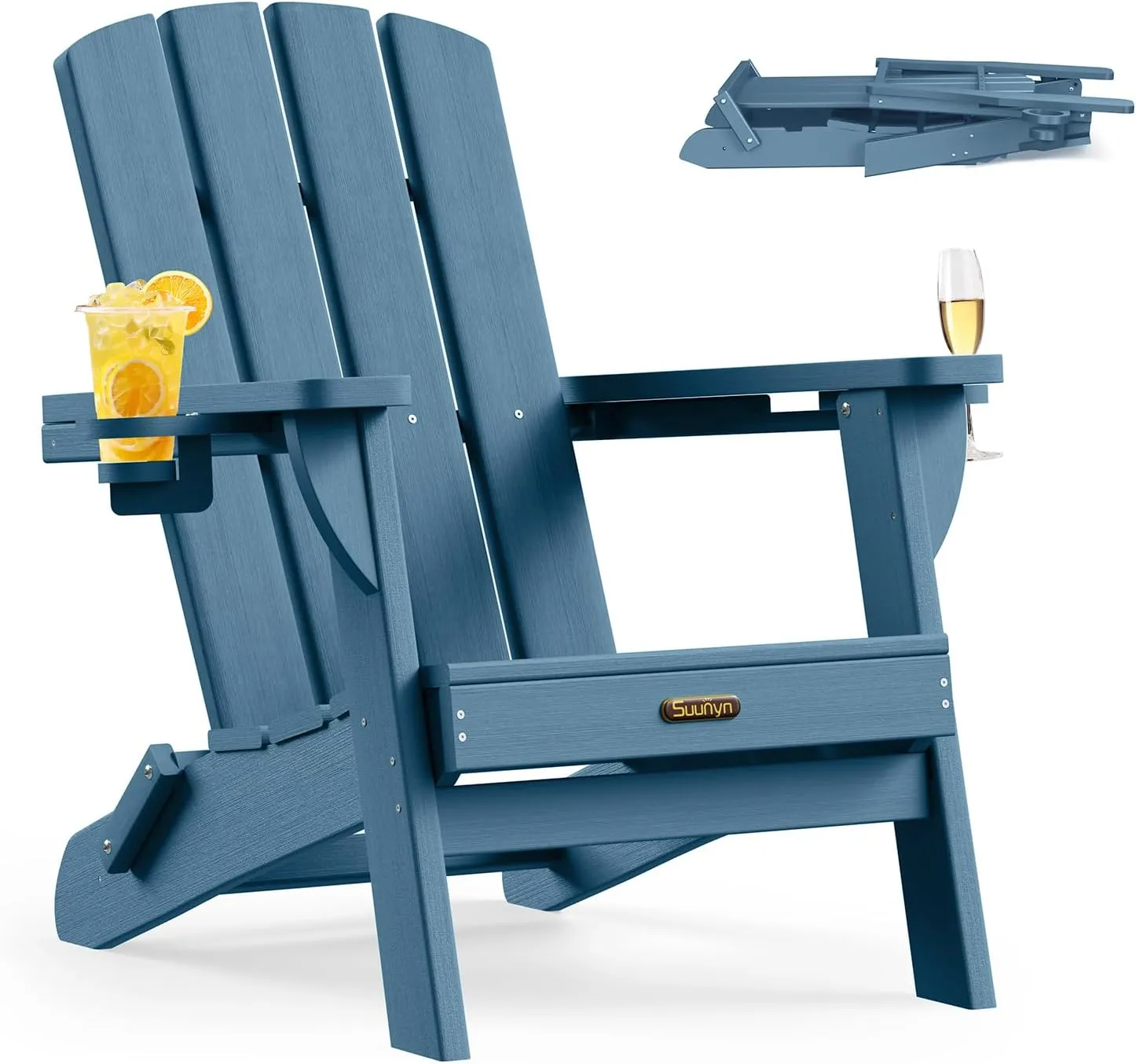 Folding Adirondack Chair 1 Pack, HDPE All-Weather Fire Pit Chairs, Plastic Adirondack Chairs with 2 Cup Holder, Outdoor Lawn Chair for Patio Garden (New Blue)