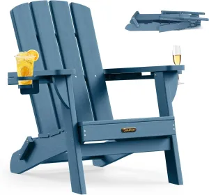 Folding Adirondack Chair 1 Pack, HDPE All-Weather Fire Pit Chairs, Plastic Adirondack Chairs with 2 Cup Holder, Outdoor Lawn Chair for Patio Garden (New Blue)