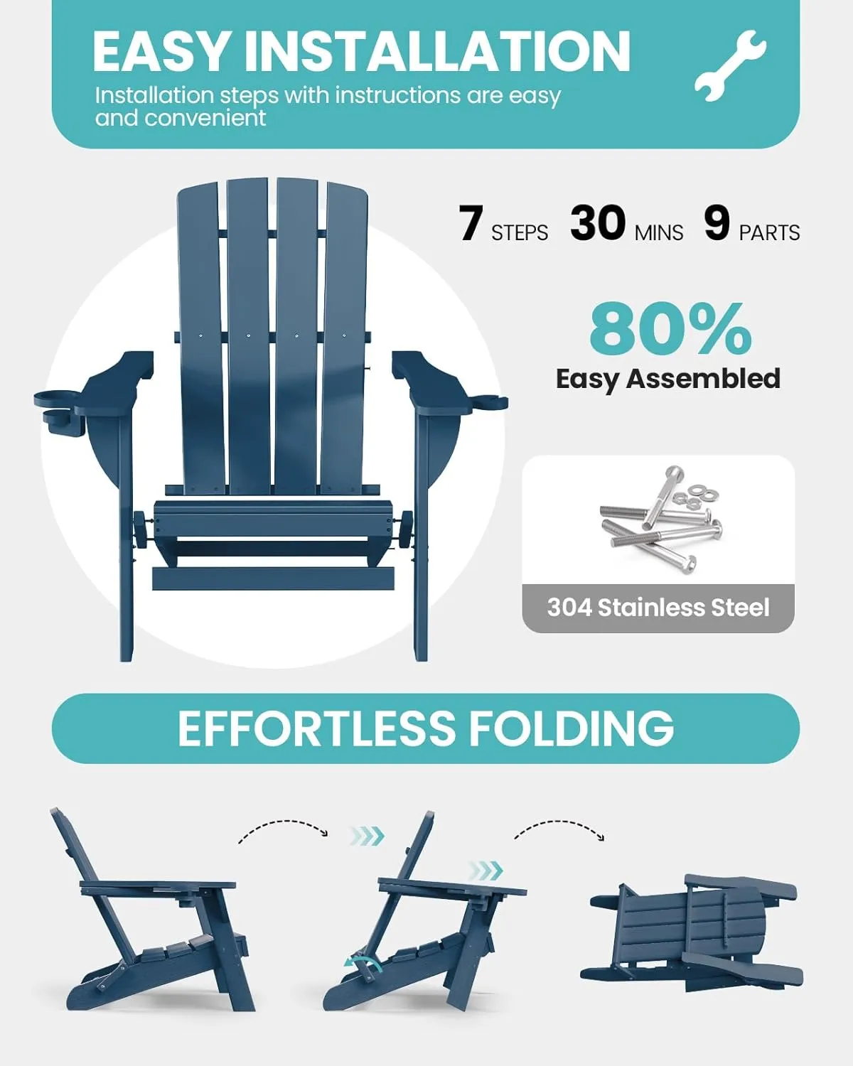 Folding Adirondack Chair 1 Pack, HDPE All-Weather Fire Pit Chairs, Plastic Adirondack Chairs with 2 Cup Holder, Outdoor Lawn Chair for Patio Garden (New Blue)