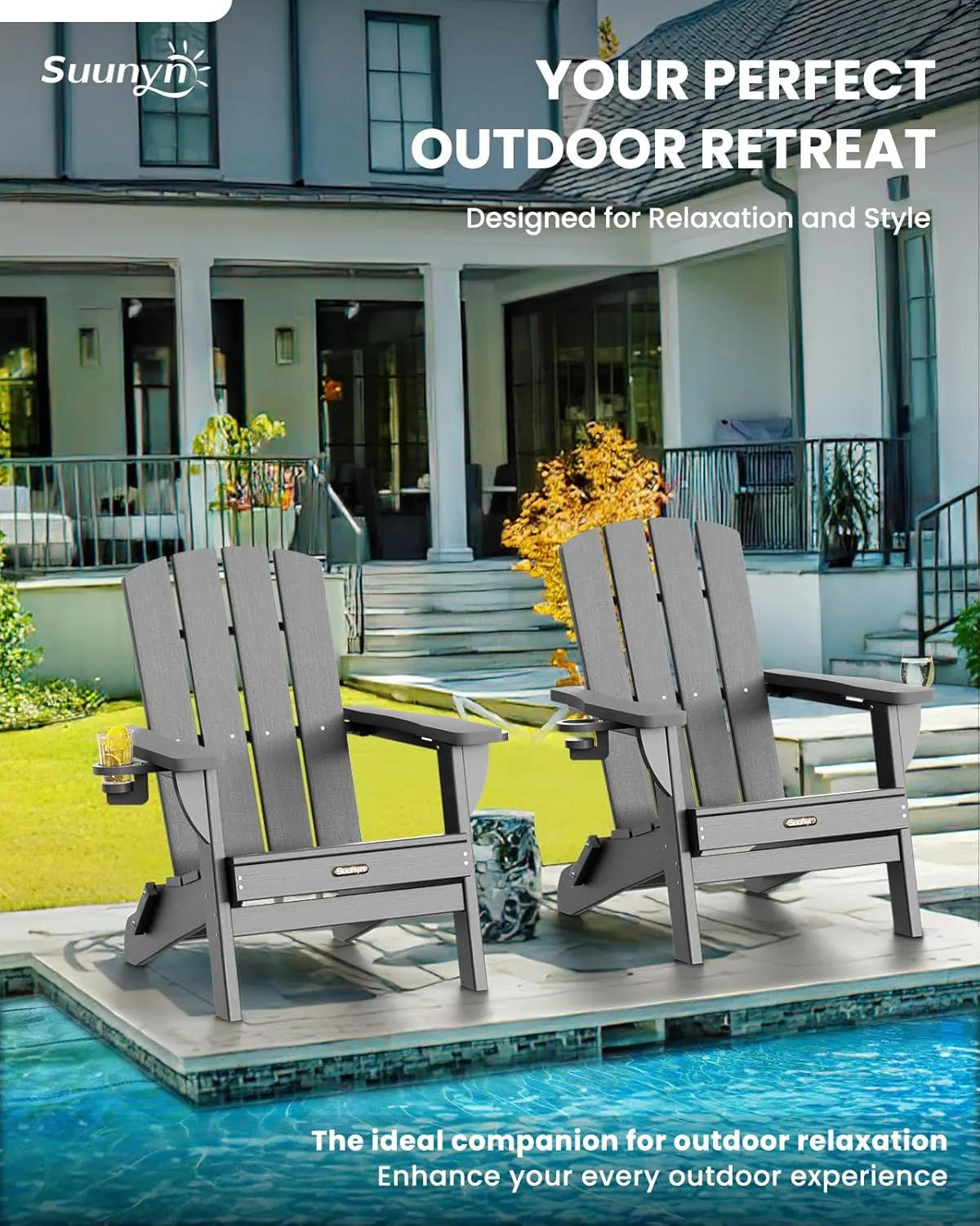 Folding Adirondack Chair 2 Pack, HDPE All-Weather Fire Pit Chairs, Plastic Adirondack Chairs with 2 Cup Holder, Outdoor Lawn Chair for Patio Garden (Grey)