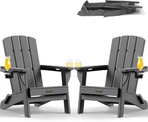 Folding Adirondack Chair 2 Pack, HDPE All-Weather Fire Pit Chairs, Plastic Adirondack Chairs with 2 Cup Holder, Outdoor Lawn Chair for Patio Garden (Grey)