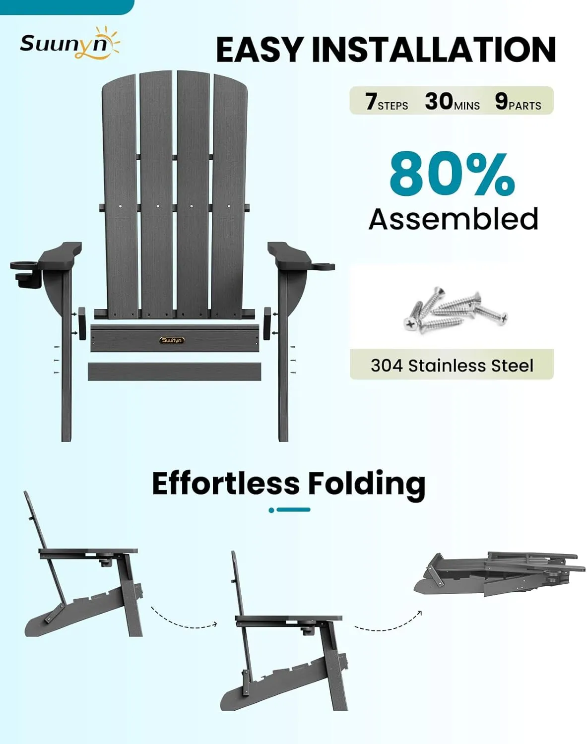 Folding Adirondack Chair 2 Pack, HDPE All-Weather Fire Pit Chairs, Plastic Adirondack Chairs with 2 Cup Holder, Outdoor Lawn Chair for Patio Garden (Grey)