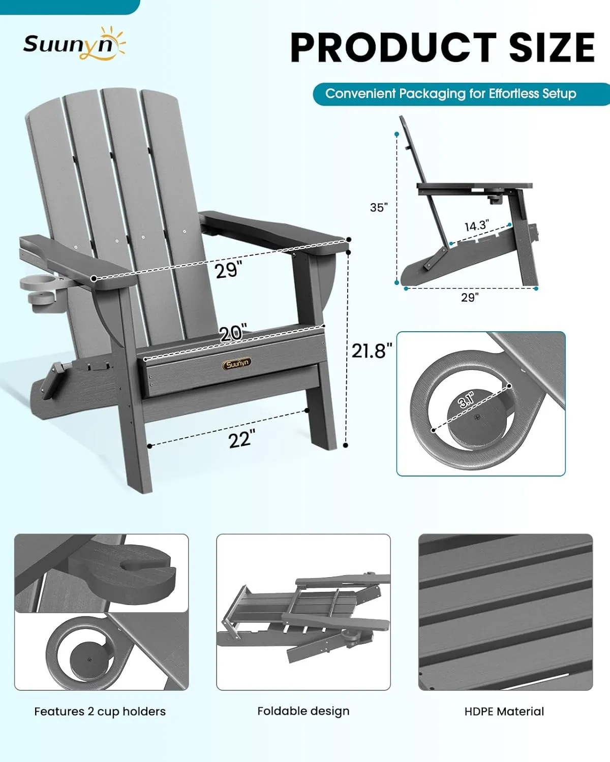 Folding Adirondack Chair 2 Pack, HDPE All-Weather Fire Pit Chairs, Plastic Adirondack Chairs with 2 Cup Holder, Outdoor Lawn Chair for Patio Garden (Grey)