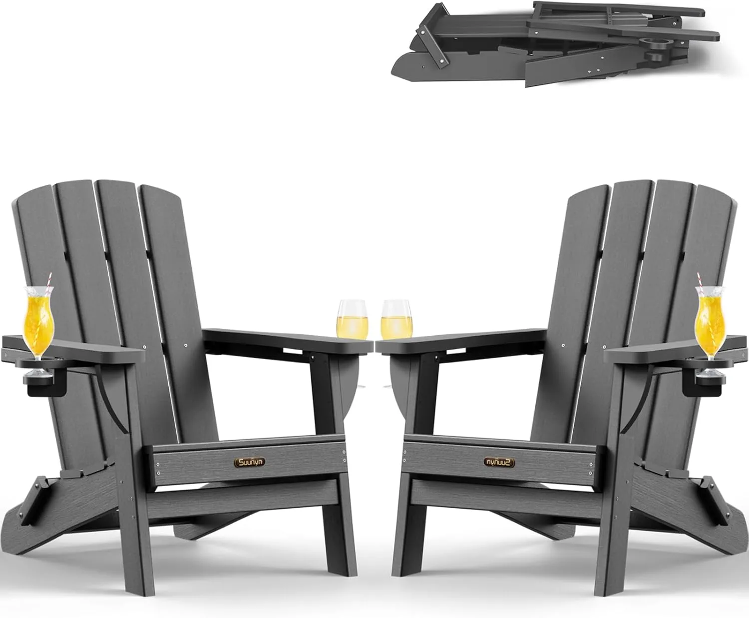 Folding Adirondack Chair 2 Pack, HDPE All-Weather Fire Pit Chairs, Plastic Adirondack Chairs with 2 Cup Holder, Outdoor Lawn Chair for Patio Garden (Grey)