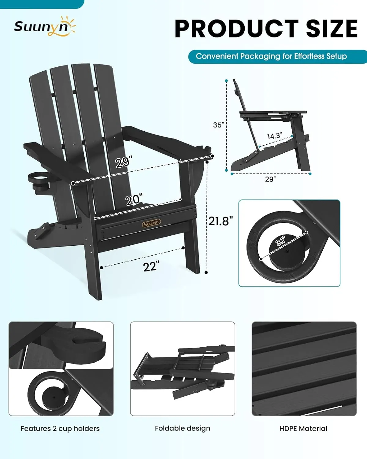 Folding Adirondack Chair, HDPE All-Weather Fire Pit Chairs, Plastic Adirondack Chairs with 2 Cup Holder, Outdoor Lawn Chair for Patio Garden (Black)