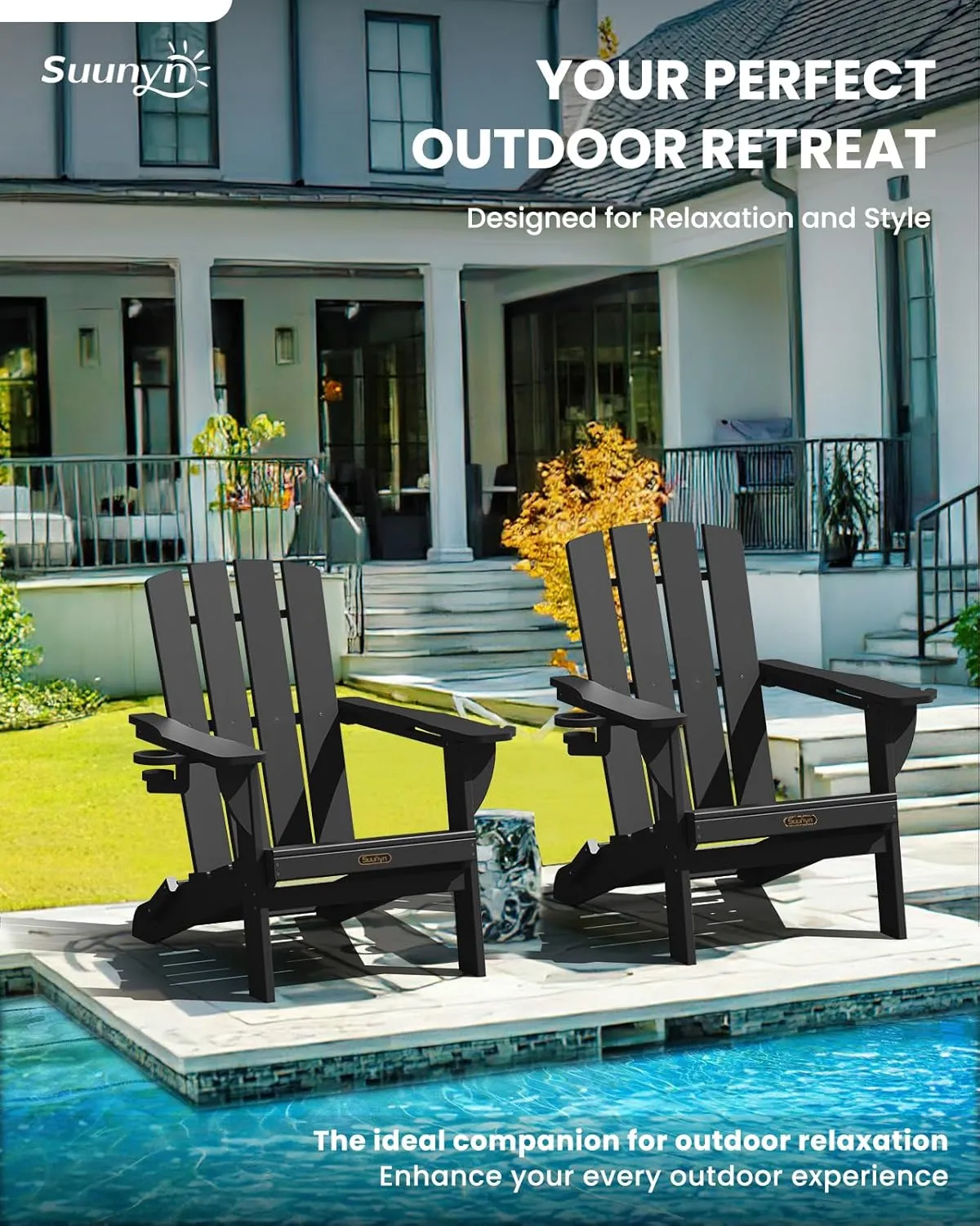 Folding Adirondack Chair, HDPE All-Weather Fire Pit Chairs, Plastic Adirondack Chairs with 2 Cup Holder, Outdoor Lawn Chair for Patio Garden (Black)