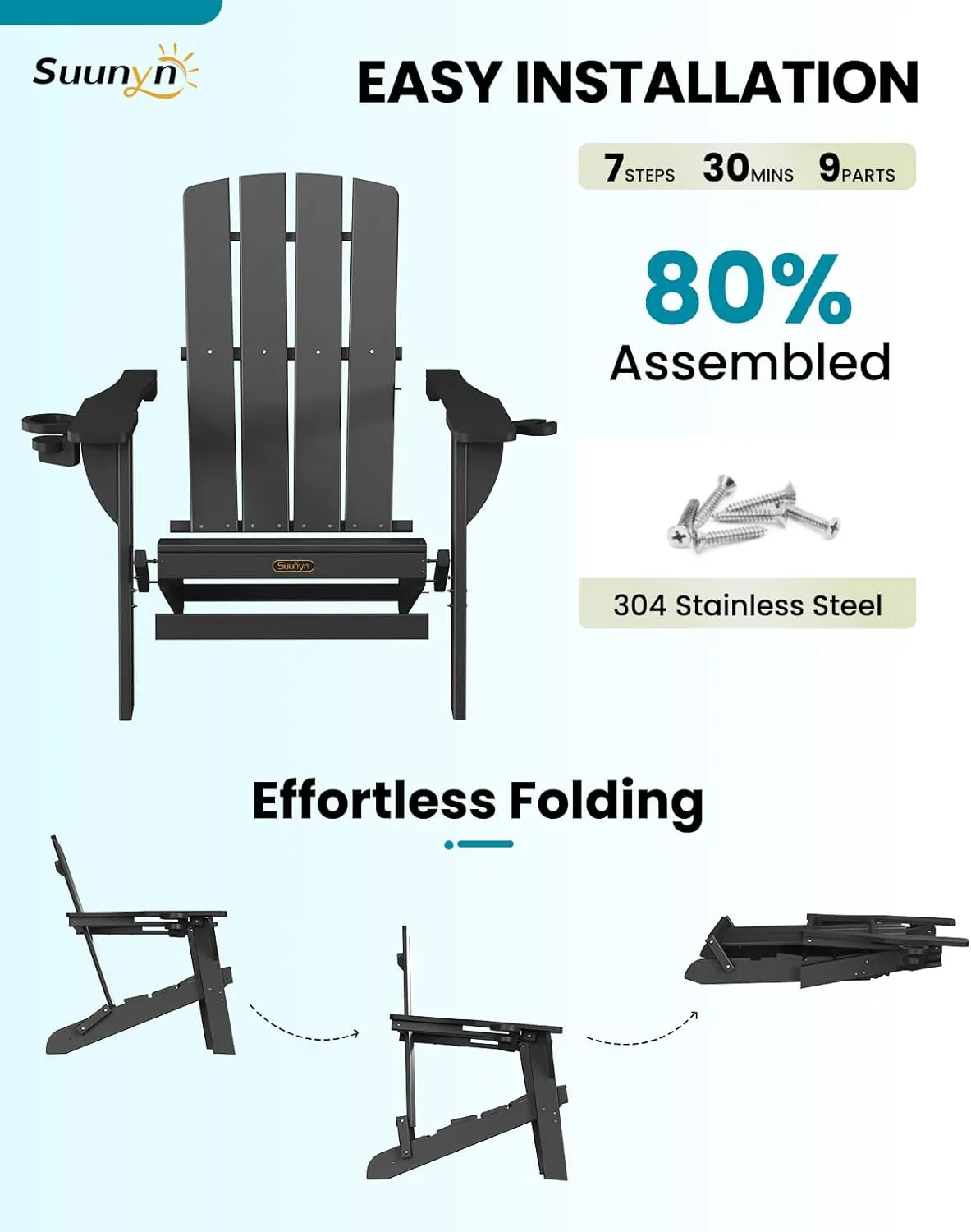Folding Adirondack Chair, HDPE All-Weather Fire Pit Chairs, Plastic Adirondack Chairs with 2 Cup Holder, Outdoor Lawn Chair for Patio Garden (Black)