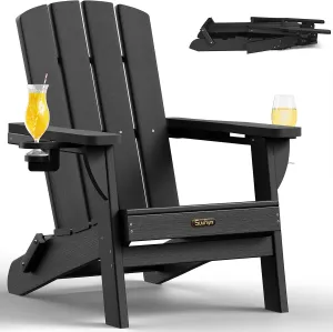 Folding Adirondack Chair, HDPE All-Weather Fire Pit Chairs, Plastic Adirondack Chairs with 2 Cup Holder, Outdoor Lawn Chair for Patio Garden (Black)