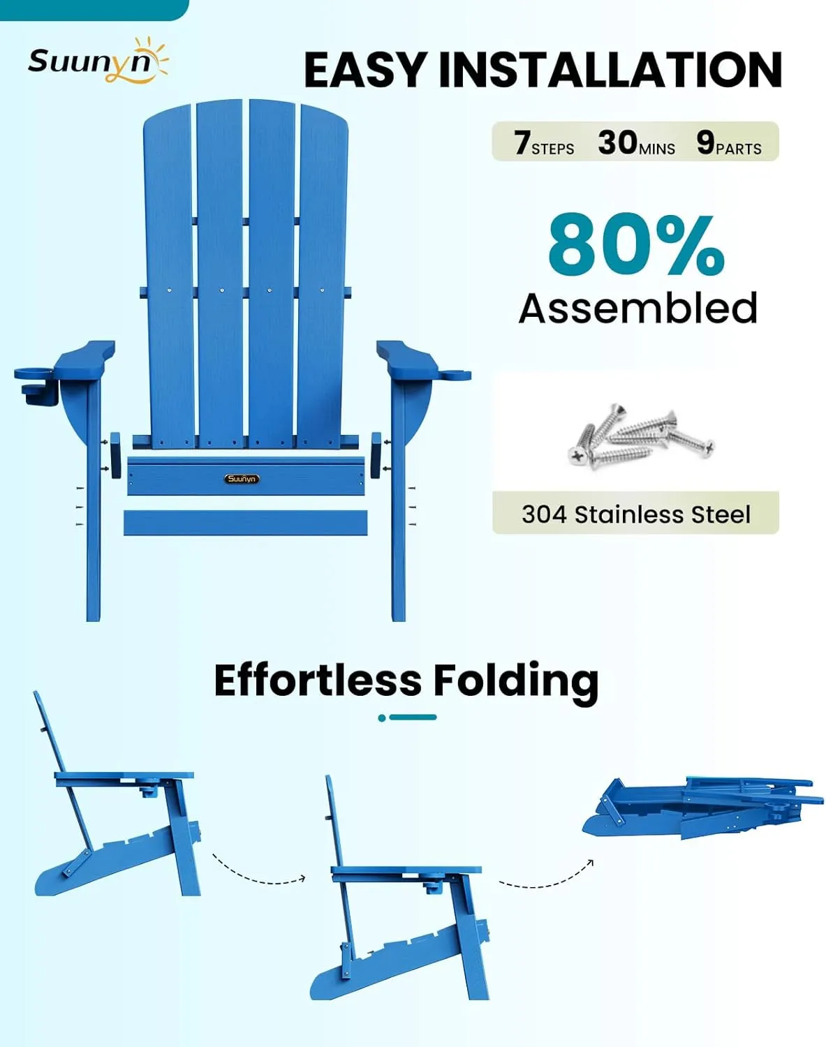 Folding Adirondack Chair, HDPE All-Weather Fire Pit Chairs, Plastic Adirondack Chairs with 2 Cup Holder, Outdoor Lawn Chair for Patio Garden (Royal Blue)