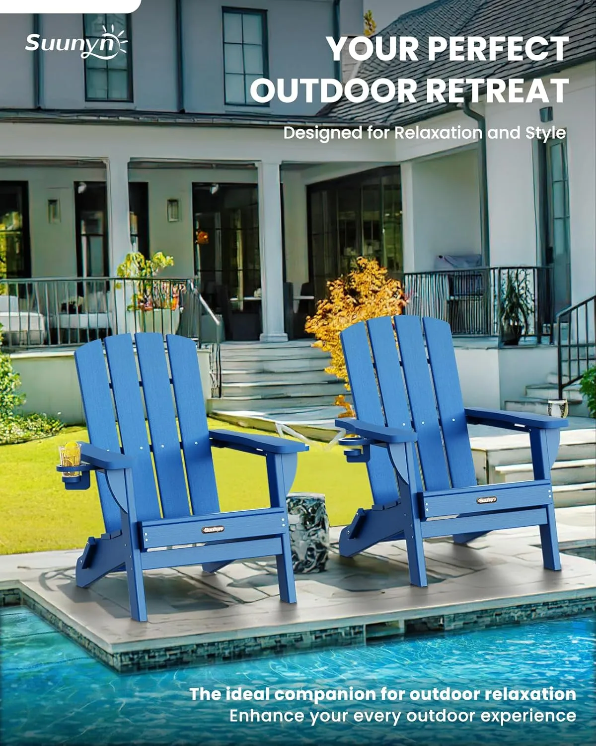 Folding Adirondack Chair, HDPE All-Weather Fire Pit Chairs, Plastic Adirondack Chairs with 2 Cup Holder, Outdoor Lawn Chair for Patio Garden (Royal Blue)