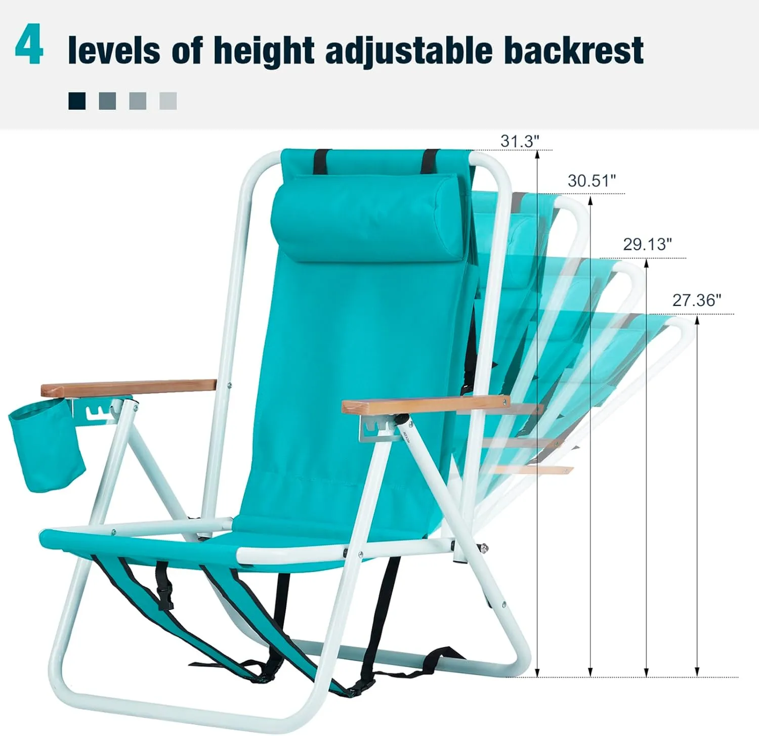 Folding Beach Chair Set of 2, Portable Backpack Camping Chairs w/Straps,Headrest & Cup Holder,4 Position Lawn Chairs Fishing Chair for Hiking Concert,Supports 265 lbs,Silla de Playa,Green 2 Pcs