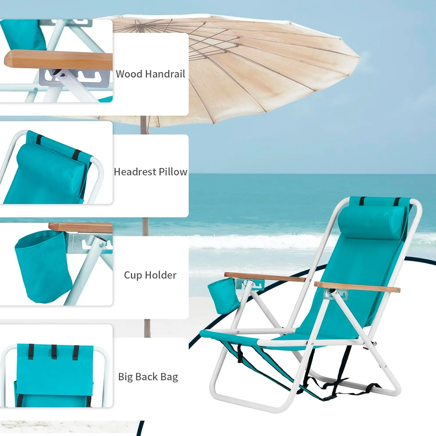 Folding Beach Chair Set of 2, Portable Backpack Camping Chairs w/Straps,Headrest & Cup Holder,4 Position Lawn Chairs Fishing Chair for Hiking Concert,Supports 265 lbs,Silla de Playa,Green 2 Pcs