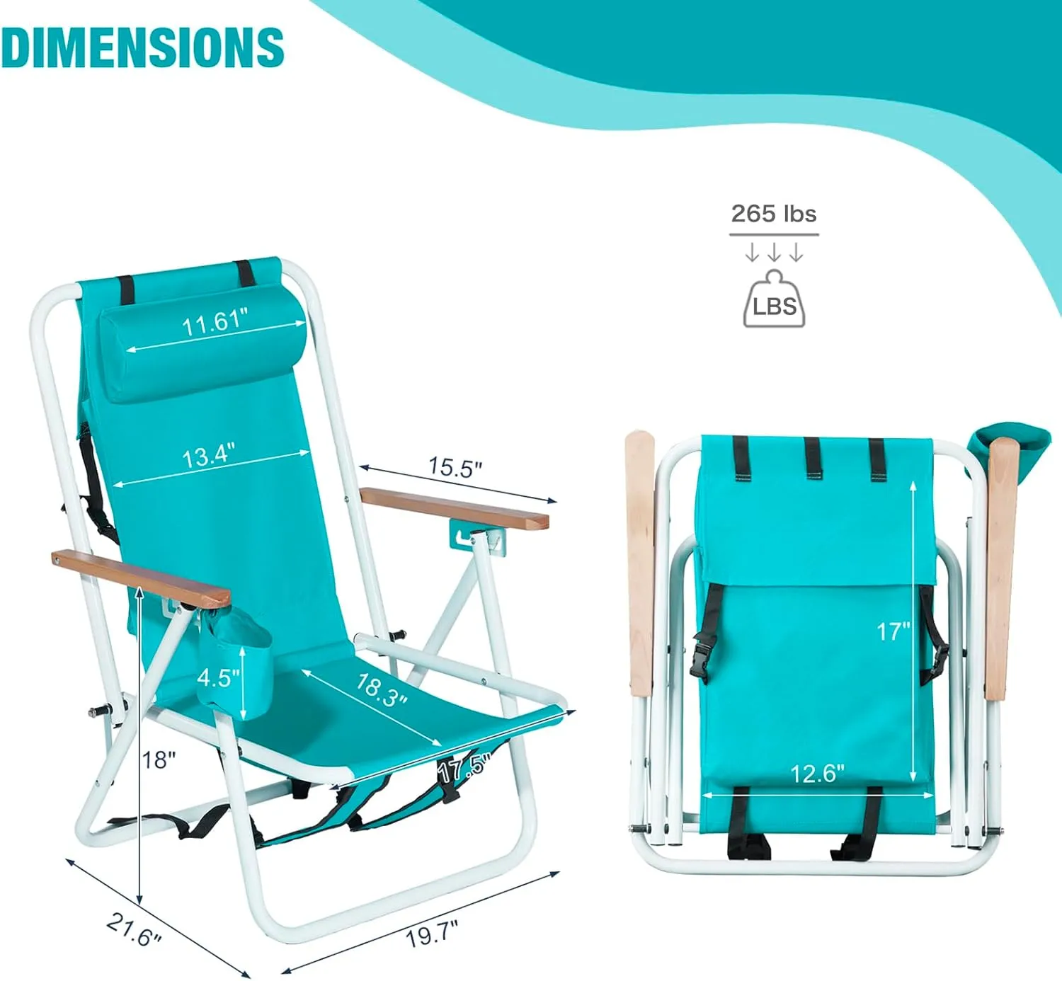 Folding Beach Chair Set of 2, Portable Backpack Camping Chairs w/Straps,Headrest & Cup Holder,4 Position Lawn Chairs Fishing Chair for Hiking Concert,Supports 265 lbs,Silla de Playa,Green 2 Pcs
