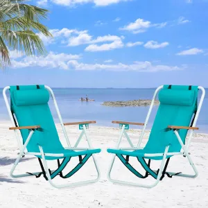 Folding Beach Chair Set of 2, Portable Backpack Camping Chairs w/Straps,Headrest & Cup Holder,4 Position Lawn Chairs Fishing Chair for Hiking Concert,Supports 265 lbs,Silla de Playa,Green 2 Pcs