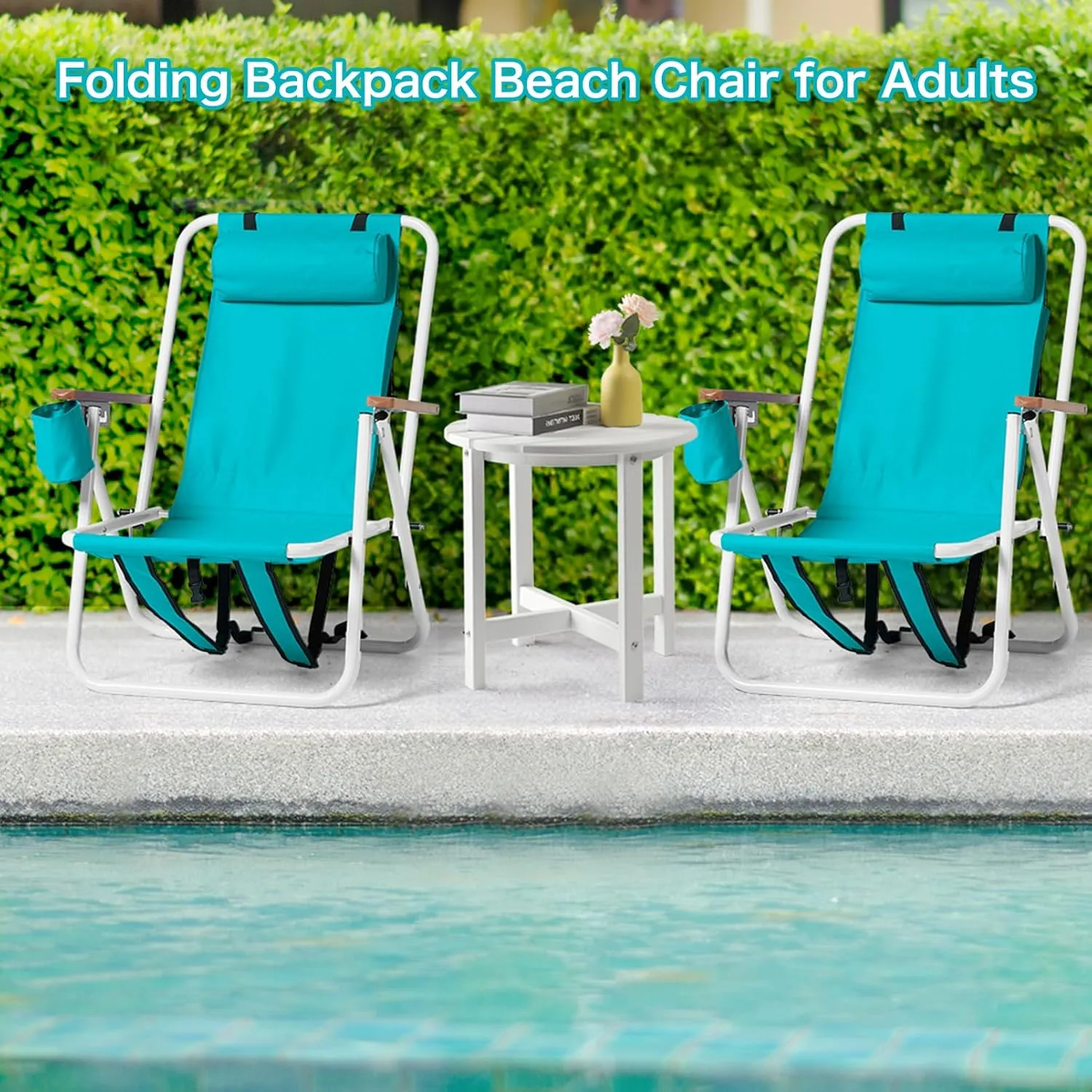 Folding Beach Chair Set of 2, Portable Backpack Camping Chairs w/Straps,Headrest & Cup Holder,4 Position Lawn Chairs Fishing Chair for Hiking Concert,Supports 265 lbs,Silla de Playa,Green 2 Pcs