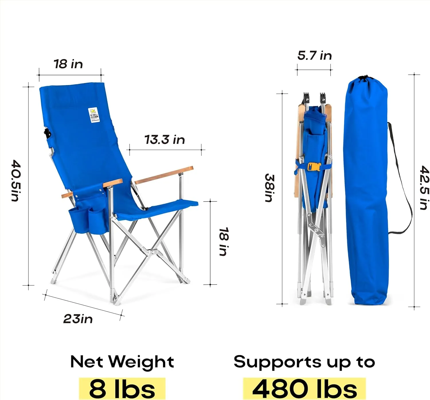 Folding Camping Chair for Outside, High Back Lawn Chairs Blue Lightweight Portable Folding Chair with Cup Holder, Pocket for Patio, Sport, Outdoor