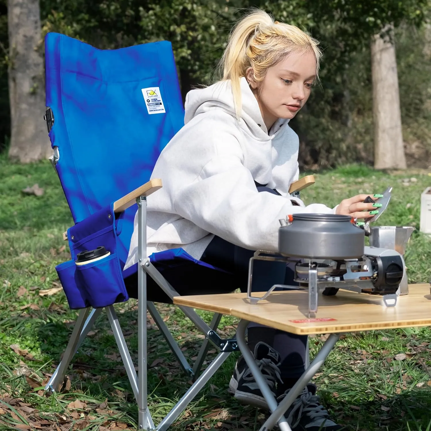Folding Camping Chair for Outside, High Back Lawn Chairs Blue Lightweight Portable Folding Chair with Cup Holder, Pocket for Patio, Sport, Outdoor