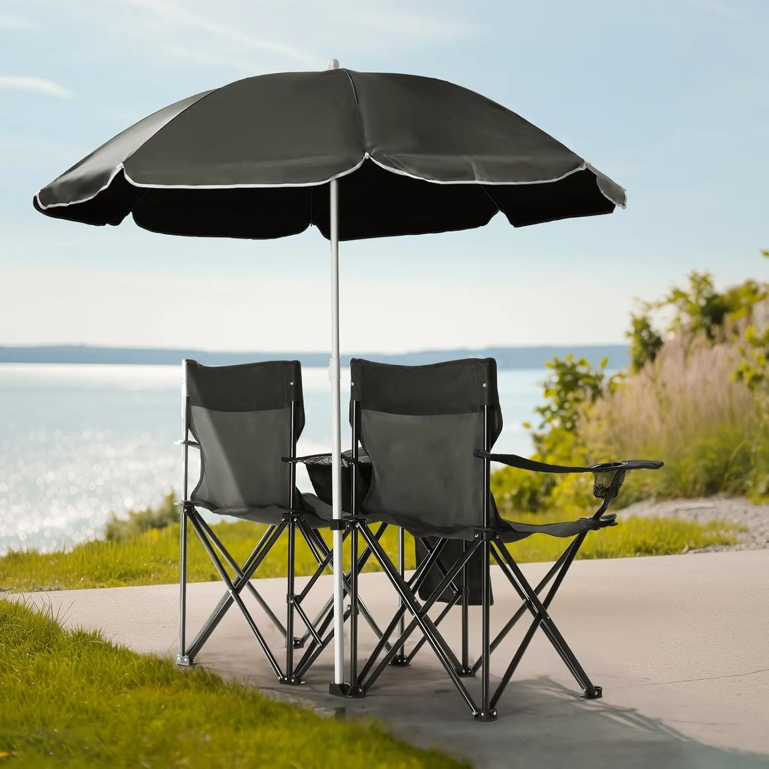 Folding Camping Chair with Removable Umbrella,2 Seat Lawn Chair,Portable Double Folding Chair with Cooler Bag, Beverage Holder,Carrying Bag,14.4''Dx11.5''L Seat (Black)