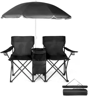 Folding Camping Chair with Removable Umbrella,2 Seat Lawn Chair,Portable Double Folding Chair with Cooler Bag, Beverage Holder,Carrying Bag,14.4''Dx11.5''L Seat (Black)