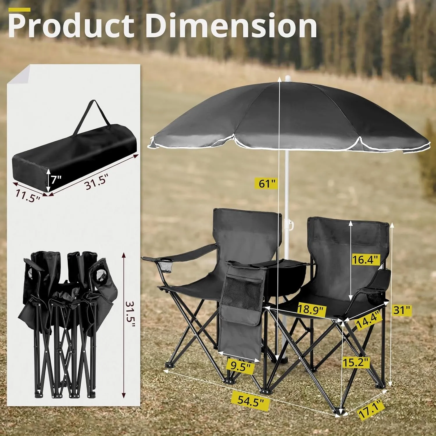Folding Camping Chair with Removable Umbrella,2 Seat Lawn Chair,Portable Double Folding Chair with Cooler Bag, Beverage Holder,Carrying Bag,14.4''Dx11.5''L Seat (Black)