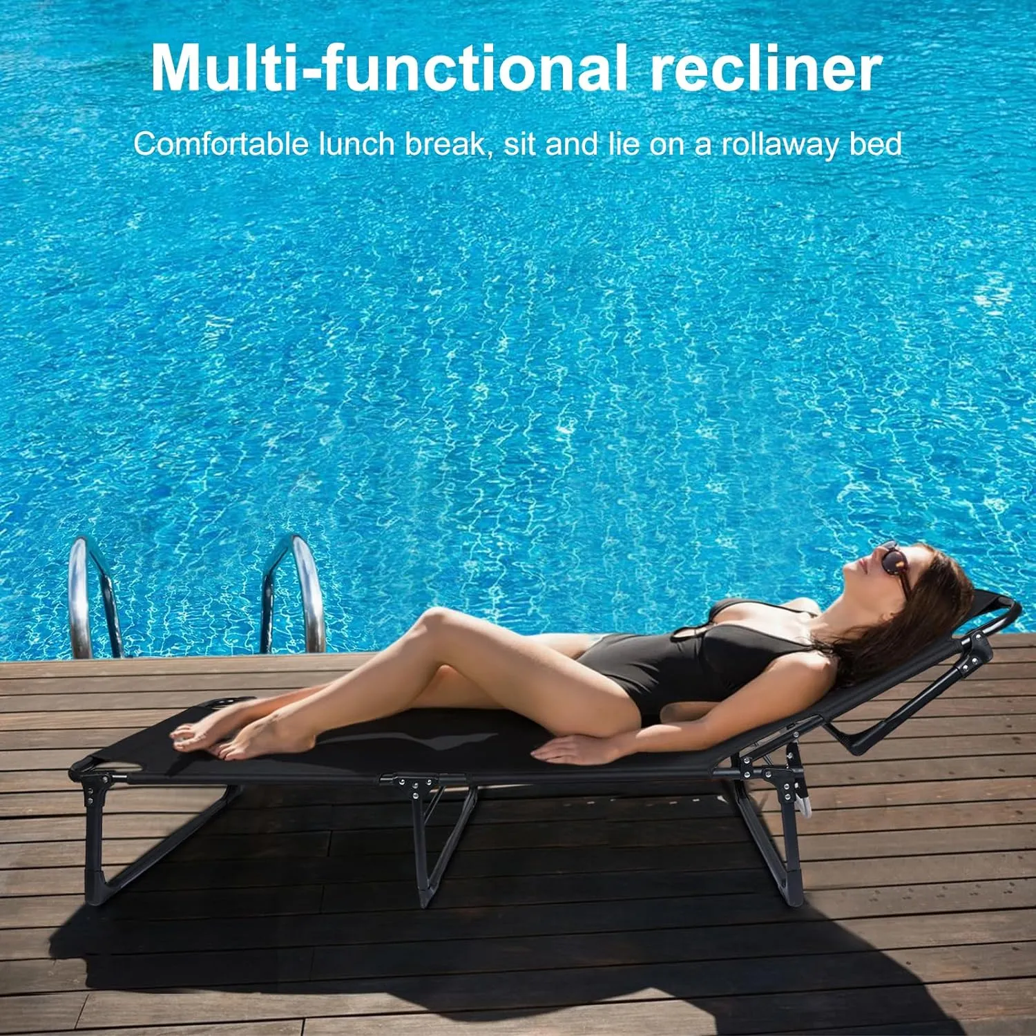 Folding Camping Cot Bed, 4 Positions Adjustable Patio Chaise Lounge Chair, Portable Sleeping Cots for Adults with Mattress for Bedroom, Pool, Patio, Office, 440 LBS Heavy Duty