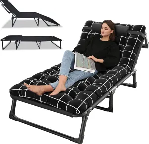 Folding Camping Cot Bed, 4 Positions Adjustable Patio Chaise Lounge Chair, Portable Sleeping Cots for Adults with Mattress for Bedroom, Pool, Patio, Office, 440 LBS Heavy Duty