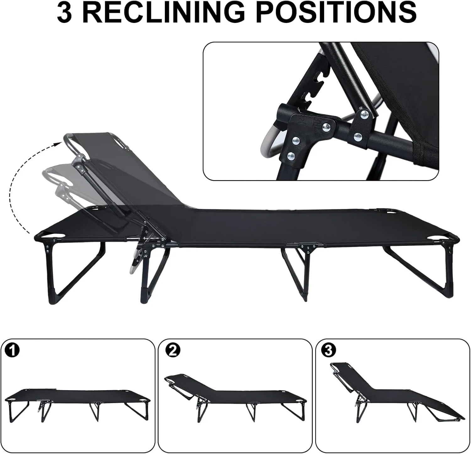 Folding Camping Cot Bed, 4 Positions Adjustable Patio Chaise Lounge Chair, Portable Sleeping Cots for Adults with Mattress for Bedroom, Pool, Patio, Office, 440 LBS Heavy Duty