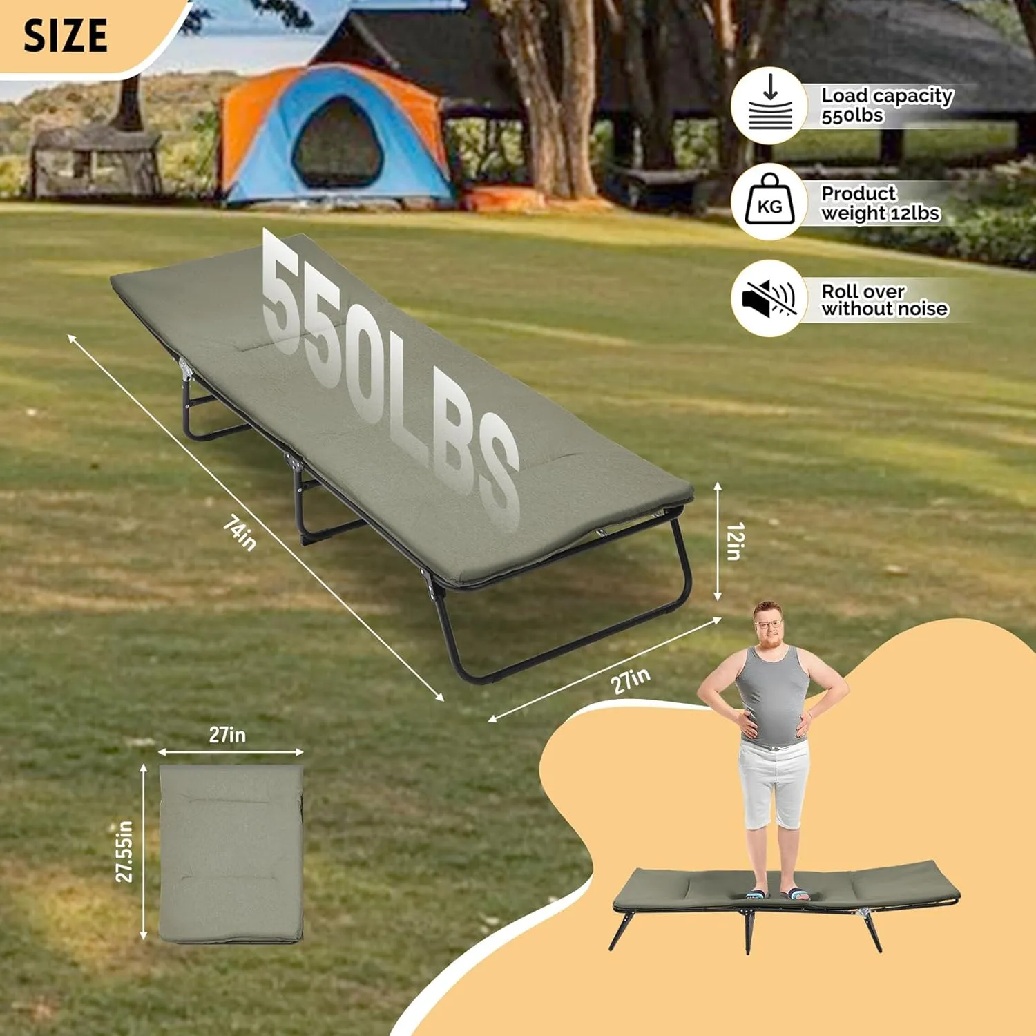 Folding Camping Cot for Adults - 5-Position Adjustable Outdoor Bed w/Storage Bag, 1200D Heavy Duty Oxford Fabric for Backpacking, Hiking, Emergency & Home Use (Green)