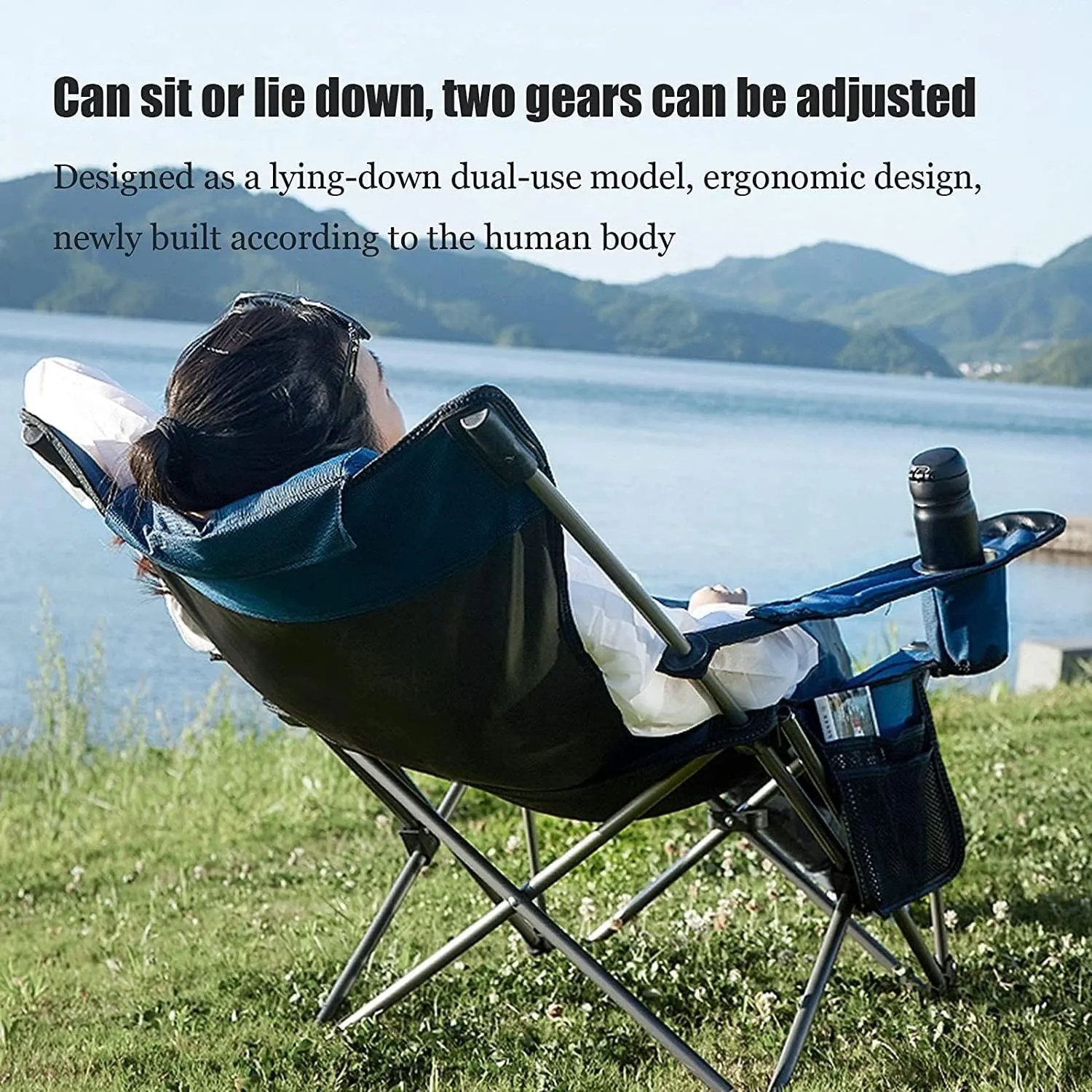 Folding Chairs Outdoor Folding Chair Portable Lawn Folding Seat Armchair with Cup Holder Pillow and Carry Bag Leisure Recliner Stool Portable Camping Chair(Color:Blue)